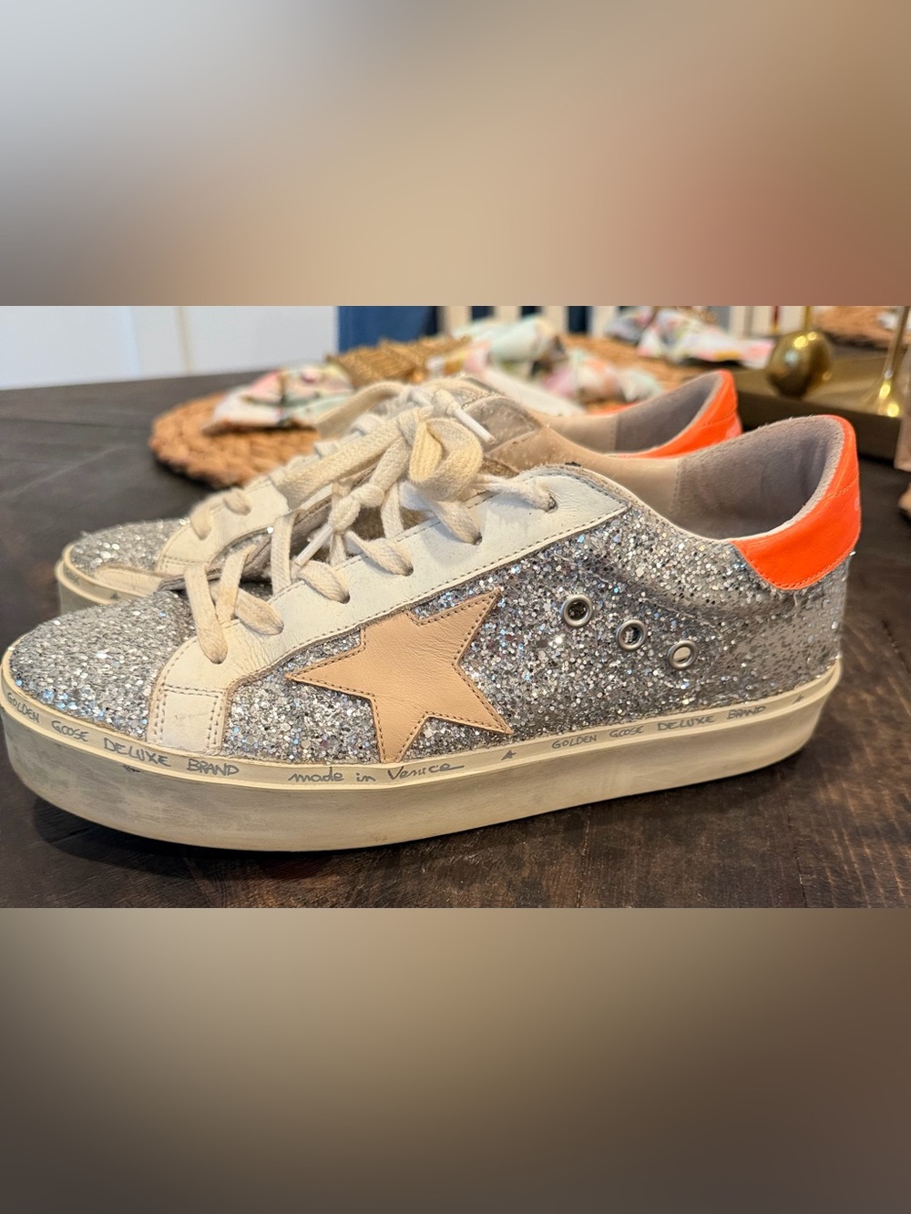 Golden Goose Hi Star Silver Glitter Sneaker with Peach Star/Orange Heel Tab - Picture 4 of 9